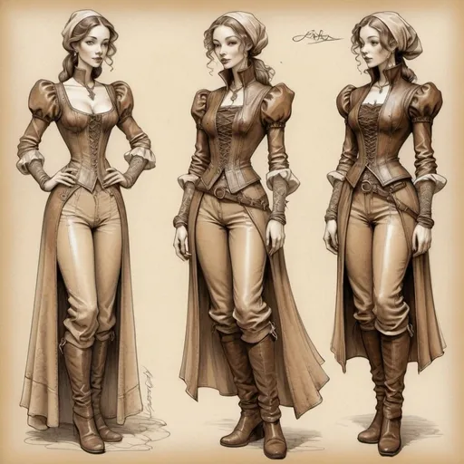 Prompt: Anton Pieck-style female leather clothing design sketches, vintage paper, line art, fantasy style, detailed, nostalgic, sepia tones, intricate linework, medieval fantasy, vintage, high quality, professional, daring, artistic, detailed, antique style, romantic, soft lighting