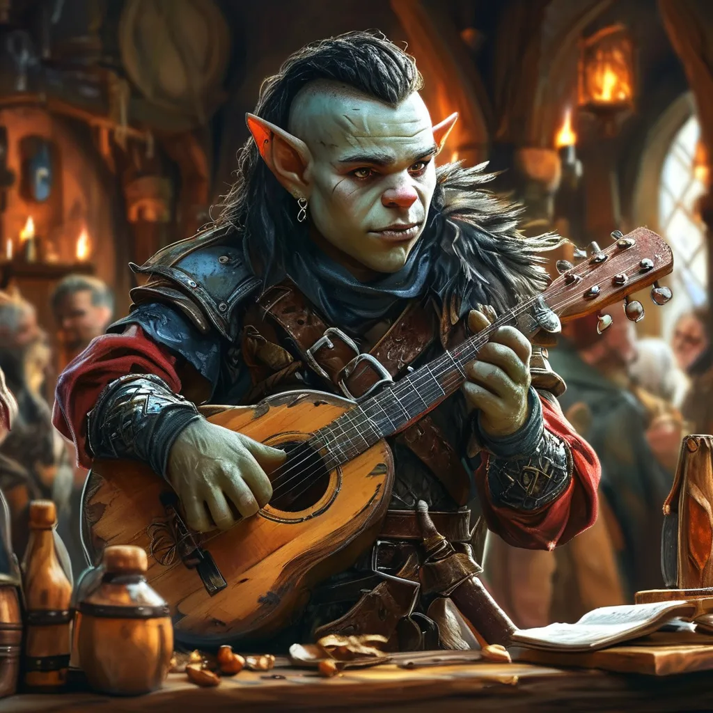 Prompt: Full body young male orc troubadour DnD character, (handsome) and (slender build), playing songs in a tavern, dark hair, medieval fantasy setting, detailed tavern interior with wooden furniture and dim lighting, patrons watching in awe, warm tones, lively and captivating atmosphere, intricate clothing and musical instrument, background filled with various tavern objects and decorations, ultra-detailed, 4K.