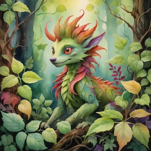 Prompt: Watercolor painting of a plant-based creature, lush woodland setting, ranks, vines, vibrant colors, detailed foliage, high quality, watercolor, fantasy, vibrant colors, plant creature, detailed leaves, woodland, professional, atmospheric lighting