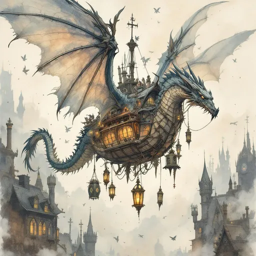 Prompt: airship in the shape of a winged dragon, intricate detail, medieval fantasy setting, watercolor painting anton pieck style, soft and muted colors, warm ambient lighting, filled with dust motes, nostalgic atmosphere, charming clutter, whimsical and dreamy quality, ultra-detailed, inviting vibe that captures the essence of craftsmanship and imagination.