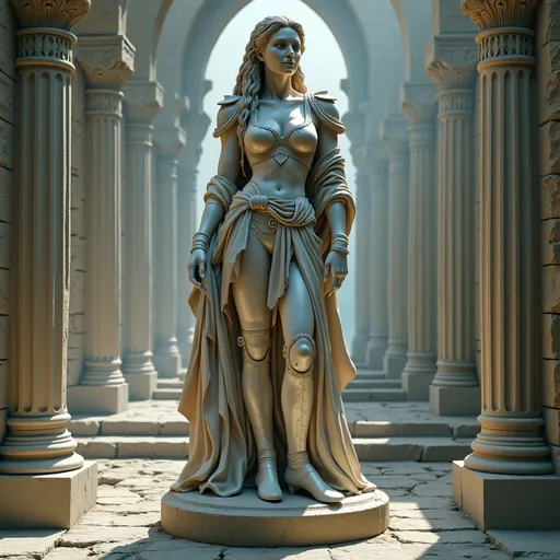 Prompt: realistc, Full body, ((veiny marble statue)) of a (gorgeous mistress) on a pedestal, long braided hair, gorgeous strong face, smooth veiny marble looks, long leather medieval fantasy dress armor, stunning high heel boots, dominant stance, looking over shoulder, set between ancient ruins, magical spells in the air