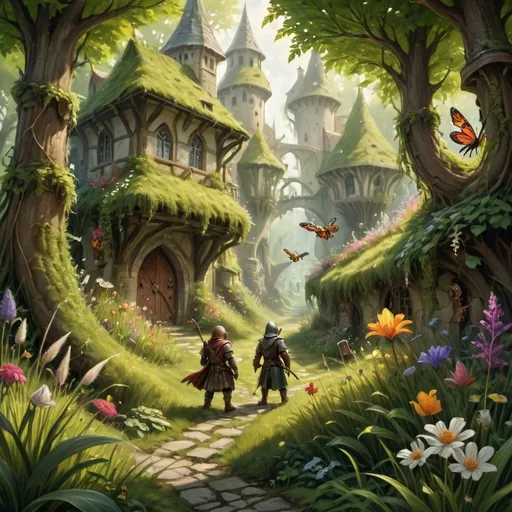 Prompt: (tiny DnD adventurers in a supersized macro world), (giant grass blades), (majestic flowers and branches), (medieval fantasy setting), (colossal insects), vibrant colors, cheerful sunlight, ultra-detailed, oil painting style, good lighting, lush greenery, expansive vista, fantastical elements