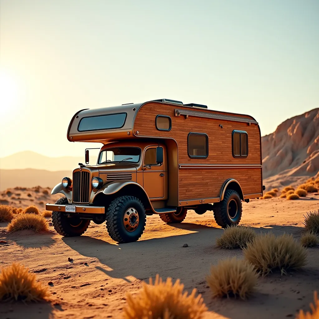 Prompt: (vintage truck transformed into a cozy motorhome), rustic wooden panels, large rugged wheels, adventurous off-road setting, (smooth, rounded curves), sun-drenched landscape, dramatic shadows across the ground, rich earth tones, high quality 4K, ultra-detailed textures, warm and inviting ambiance, perfect for exploration and travel.