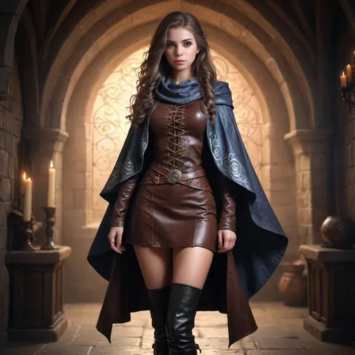 Prompt: Full body, wizard girl, short leather skirt, business top, mantle, knee high boots, medieval fantasy, magical swirls, high quality, detailed, medieval fantasy, magical, swirling patterns, atmospheric lighting