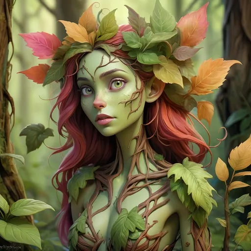 Prompt: full body digital art painting of a plant-based creature, lush woodland setting, wood skin, ranks, vines, vibrant colors, detailed foliage, high quality, watercolor, humanoid, fantasy, vibrant colors, plant creature, detailed leaves, woodland, pretty face, professional, atmospheric lighting