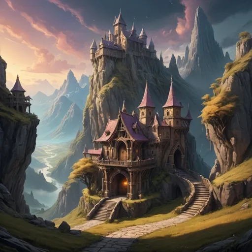 Prompt: (fantasy dungeon on a hilltop), medieval fantasy style, epic entrance, surrounded by (majestic mountains) in the background, serious atmosphere,  (natural colors), whimsical architecture,  high-quality scenery, (4K ultra-detailed), painting justin gerard style