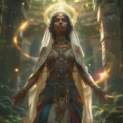 Prompt: (4K) stunningly Beautiful female Asimir adivasi Priestes DND character, cloaked in intricate ceremonial robes, standing boldly in a mystical overgrown temple, halo shining above her head, (powerful spells) flying through the air amongst a dazzling glow of divine light, vibrant ethereal colors illuminating the scene, lush greenery as the backdrop, (intense atmosphere) filled with urgency and magic, highly detailed.