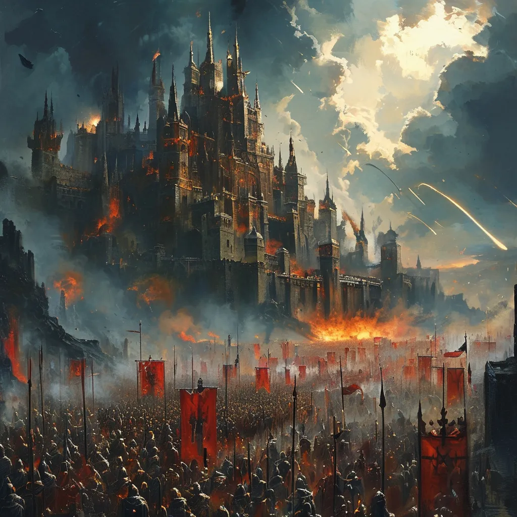 Prompt: aerial view, (oil painting), epic medieval fantasy, (storming of the citadel), armies marching in formation, powerful siege engines, spells arcing through the gloomy sky, dense dark clouds, (dramatic lighting), intense mood of impending doom, intricate details of armor and weaponry, atmospheric shadows, (HD) 고급 4k quality, deeply saturated color scheme adding to the darkness.