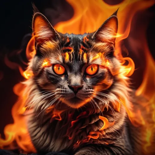 Prompt: (cat ablaze with flames), vibrant dynamic color tones, warm fiery hues, high contrast, dramatic lighting, intense and fierce atmosphere, flame details throughout, smoke and embers in the air, surreal and powerful visual impact, dark and smoky background, ultra-detailed, 4K, cinematic masterpiece.