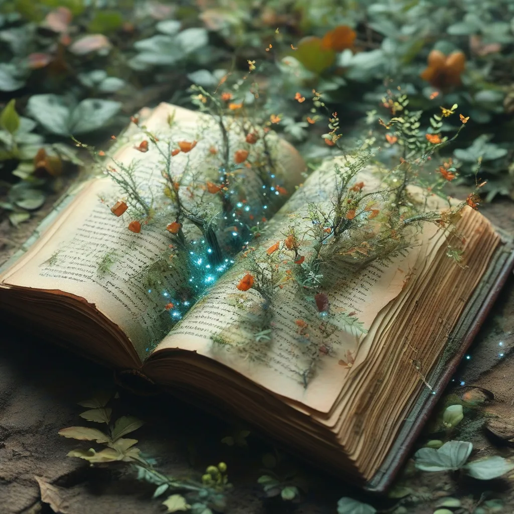 Prompt: open Magic fairy tale tome in a dungeon, pages sprouting an enchanted forest teeming with mystic flora and fauna,  pulsates with magic and wonder, volumetric light emanating softly, with a whimsical yet profoundly cinematic quality.