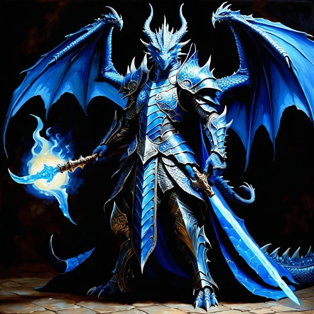 Prompt: Highly detailed full body oil painting of a dragon human hybrid mage character, intricate and royal armor , glowing mages staff, intricate blue scales and sharp claws, intense and intelligent gaze, rich and deep color palette, dramatic lighting, professional, detailed, oil painting, rich blue colors, dramatic lighting, high quality