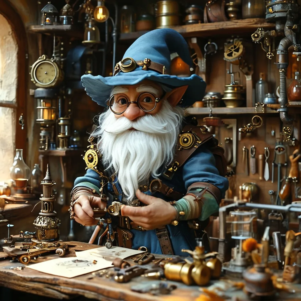 Prompt: *(tinkering gnome DnD character)*, (medieval fantasy workshop), (Anton Pieck style oil painting), intricate contraptions, cluttered workbench, a variety of tools scattered around, earthy home,  warm earthy tones, magical ambiance, whimsical atmosphere, steam punk, soft, diffused lighting, highly detailed textures, dynamic composition, (4K ultra-detailed), enchanting and imaginative scene filled with creativity and charm.