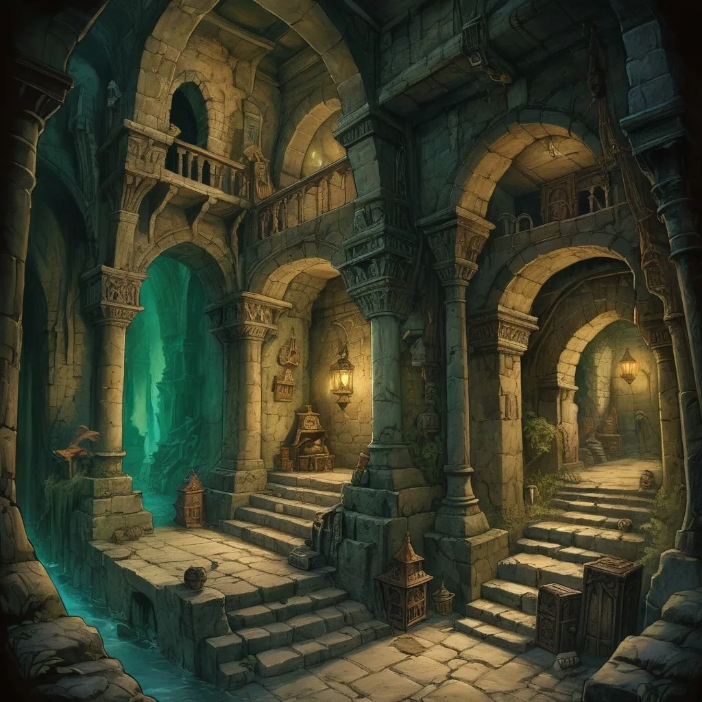 Prompt: (DnD dungeon), grand and atmospheric halls, ancient ruins, shadowy corners, (adventurers exploring), (Anton Pieck style) enchanting illustration, dark shadows, a sense of mystery and adventure, whimsical creatures lurking, ultra-detailed, high-quality fantasy art, immersive and captivating ambiance.