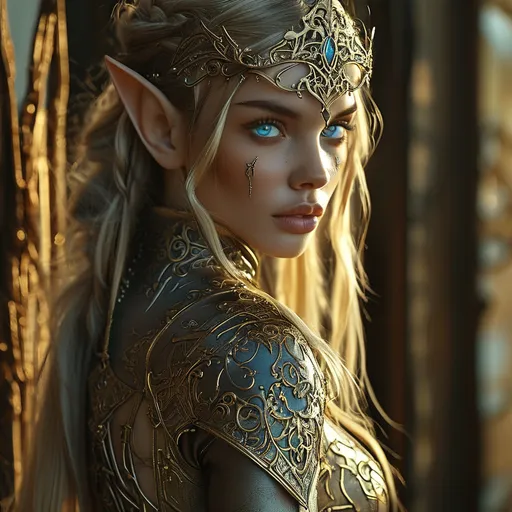 Prompt: beautiful elf woman dressed in, (highly detailed high heel calf high adventurer boots), flowing dress, intense blue eyes, (open intricate lace elements), open design, medieval fantasy, (elegant design), skintight fit,  dynamic angles, captivating visual appeal, (ultra-detailed), warm lighting, realisitc