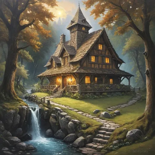 Prompt: oil painting of large modern woodbeam cottage with stone base and a lookout tower, magical atmosphere,  mysterious aura, mystical, enchanting, fantasy, surreal, enchanting aura, imaginative, whimsical, detailed shading, magical lighting, stream waterfall, lake