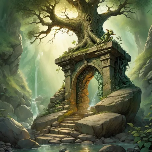 Prompt: (a goblin character  by an ancient magical gate to another universe atop a boulder in rocky terrain), anton pieck style, Green and wooden aspects, magical illuminating swirls surounding the tree, little stream flowing from the tree, sacred grove, mystical atmosphere, warm golden and emerald tones, rays of light filtering through the branches, enchanted forest background with dense foliage, high-definition, ultra-detailed,  serene and awe-inspiring, crisp image quality, nature's magic, intricate root systems wrapping around the boulder