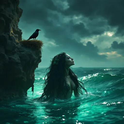 Prompt: Merfolk woman with adivasi appearance emerging from shimmering waves, gazing and reaching upwards to a nest in the rugged cliffs, a dark silhouette of a crow perched in a nest on a ledge, mythical aura, ethereal light filtering through water, soft turquoise and deep blue tones, dramatic contrast with the stormy sky, enchanted atmosphere, high detail, 4K resolution, fantasy-inspired.