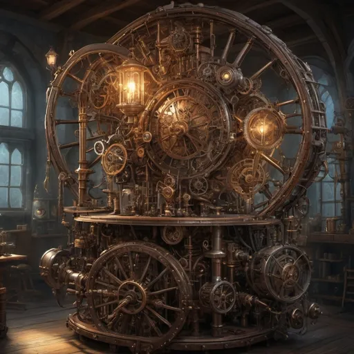 Prompt: (Flying steampunk medieval fantasy contraption), Radiating lights, anton pieck style, intricately designed laboratory equipment, rich and deep colors, mysterious and awe-inspiring atmosphere, warm and soothing lighting, gears and cogs, mechanical wings, detailed metalwork, leather straps, glowing crystal fuels, ultra-detailed, 4K, high resolution, concept art, high quality craftsmanship, enchanting setting, fantasy elements interwoven with steampunk aesthetics