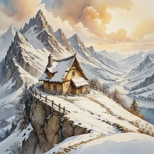 Prompt: aerial view, (anton pieck style watercolor painting), lone hut, mendless path in the snow, over the ridges of high mountains, back country, (glorious wide view), golden sunbaked clouds, sunny winter day, lone traveler, medieval fantasy, serene atmosphere, intricate details of snow, vibrant yet warm color tones, captivating lighting, immersive depth, tranquil and enchanting scene, (4K ultra-detailed) quality.