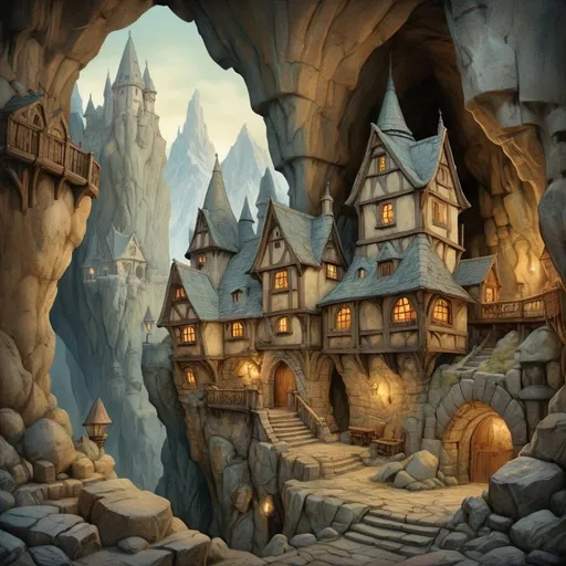 Prompt: Anton Pieck style illustration of an dwarven medieval fantasy city in the mountaincaves, in the cave, vintage paper texture, intricate line work, high detail, intrinsic stone measonry,  mystical atmosphere, warm and nostalgic tones, soft lighting, high quality, magical artifacts, nostalgic, warm tones, soft lighting, rough stone structures