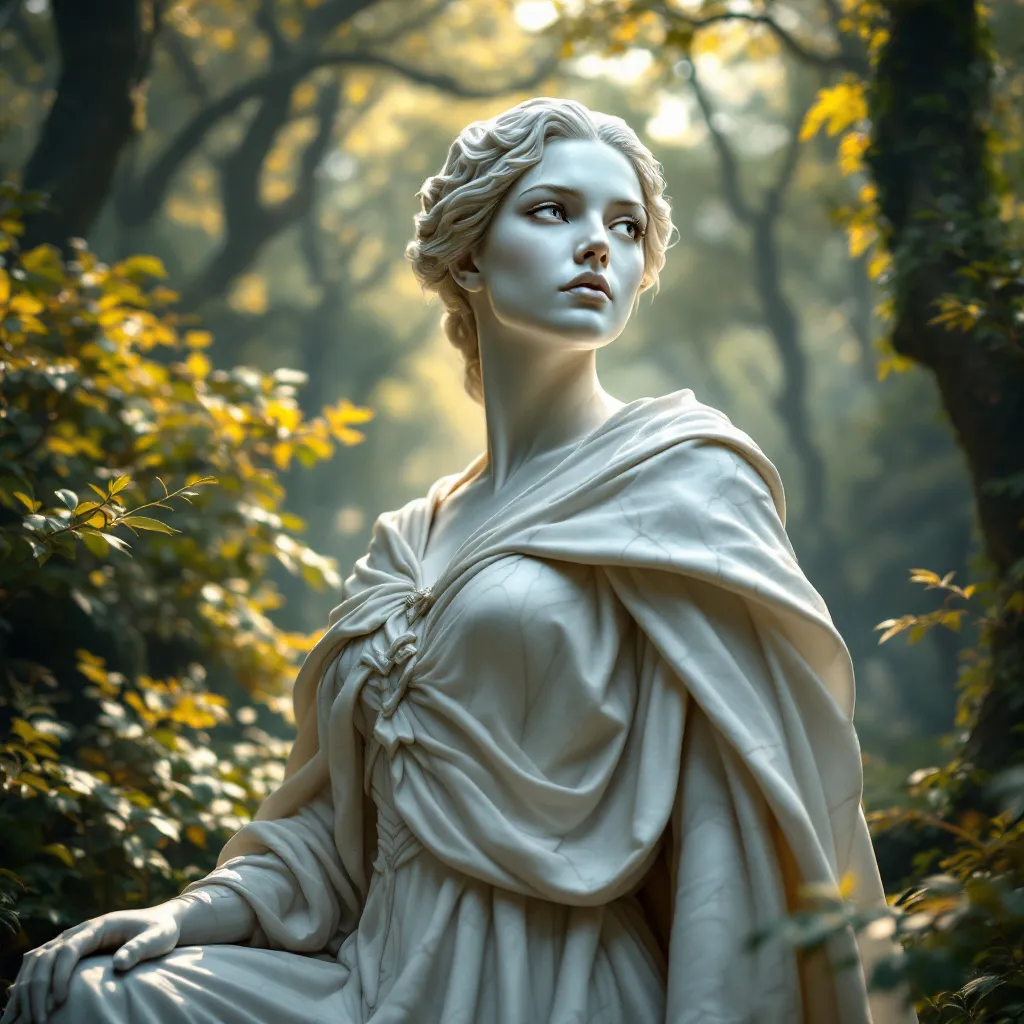 Prompt: (realistic Calacatta marble statue), stunningly beautiful statue, (veiny marble features), (gorgeous face), long medieval fantasy dress, guarding stance, (dominant stance), looking over shoulder, (overgrown forest clearing), ethereal light filtering through foliage, (highly detailed), (4K), dramatic shadows and highlights, captivating and mystical vibe.