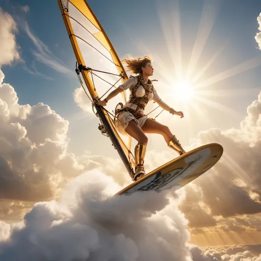 Prompt: female adventurer windsurfing on the clouds, high up in the sky, sleek steam punk surfboard, contact with the clouds, golden clouds, sun beams, intricate steampunk gadgets and attire, warm and radiant light, rough admosphere, gorgeous face, fantasy setting, detailed background with sunlit skies and fluffy golden clouds, dynamic and energetic pose, ultra-detailed, 4K, high quality, cinematic colors