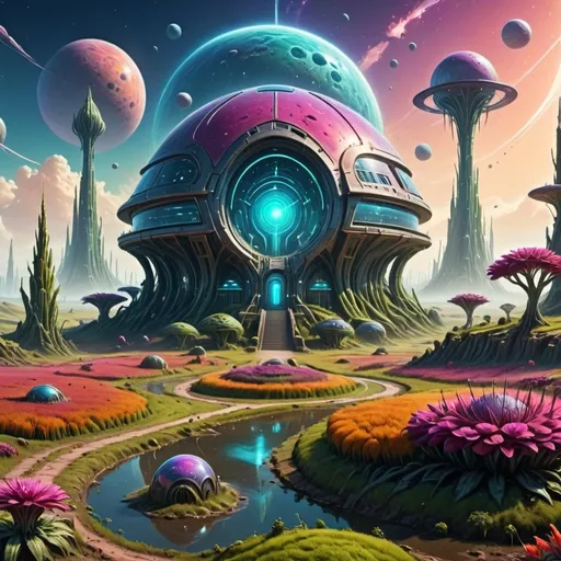 Prompt: (futuristic fortified farmstead on an alien world), (fantasy landscape), strange plants and creatures, (vivid alien flora), dual planets in the mesmerizing sky, (otherworldly colors), lush fields under vibrant hues, (surreal ambiance), enchanting atmosphere, (highly detailed, 4K), imaginative setting, captivating extraterrestrial elements.