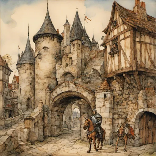 Prompt: <mymodel>Knight in front of the city gate, oil painting, medieval fantasy, detailed armor, majestic stance, ancient stone gate, dramatic lighting, high quality, oil painting, medieval, detailed armor, majestic, dramatic lighting, ancient stone gate, cityscape background