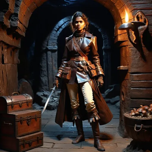 Prompt: photo realistic full body, female adivasi DnD character exploring a dungeon, sabre at the ready, oil painting, sharp lines, detailed face, perfect face, glossy leather coat, old wooden traveling chest with legs , victorian style outfit, stalagmites, stalagtites, detailed, high quality, mushrooms, dark tones, torchlight, elaborate explorer gear, ancient carvings, mysterious atmosphere, old world charm, 