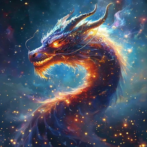 Prompt: (dragon as a celestial starsign), illuminating the universe, (ethereal glow), god-like , cosmic background, sparkling stars, mystical atmosphere, swirling galaxies, magical light trails, enchanting aura, (highly detailed), (4K quality), surreal interpretation, celestial fantasy, sense of wonder.