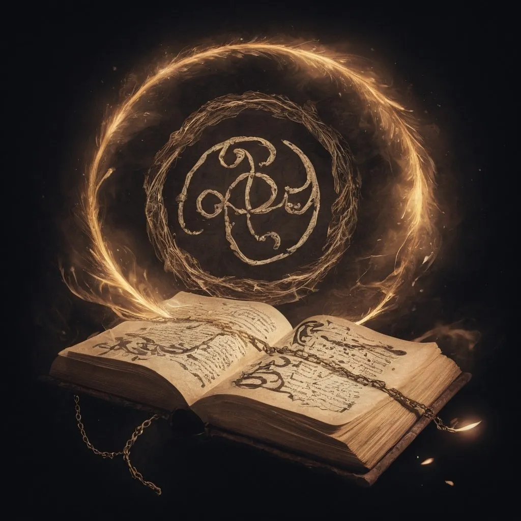 Prompt: Ancient spell tome, magical glow, , ancient writing, tome floating in the air, illuminating magical swirls, detailed illustration, high quality, magical, ancient, illuminating runes, chains, floating, detailed, atmospheric lighting, writing feather, ancient markings