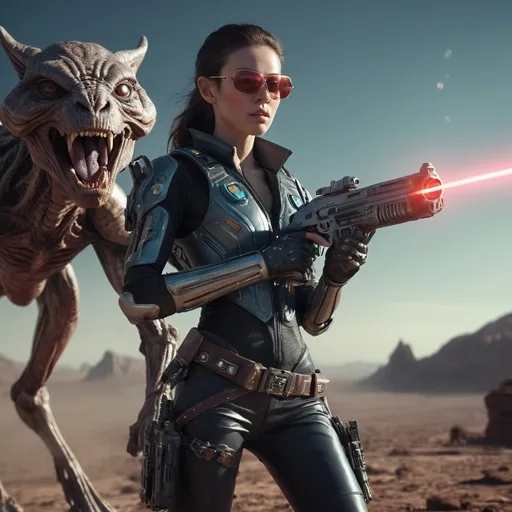 Prompt: Photo-realistic female space cowboy with laser guns, action scene, alien animals, and spaceships, futuristic Western style, pretty face, alien planets, detailed visual effects, high-quality, futuristic, space western, realistic lighting, intense and focused gaze, sleek technology, alien landscapes, advanced weaponry, sci-fi, professional, atmospheric lighting