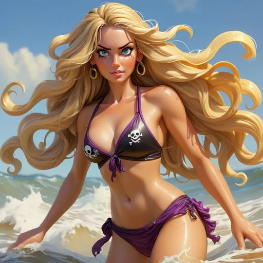 Prompt: Detailed full body summer blonde pirate babe in the water, flowing hair, beautiful face, ocean waves in the background, high quality, volleyball, digital painting, vibrant colors, sunny beach setting, fierce look, detailed eyes, flowing fabric, beach, waves, summer, pirate, vibrant colors, detailed hair, bathing suit, professional, sunny lighting
