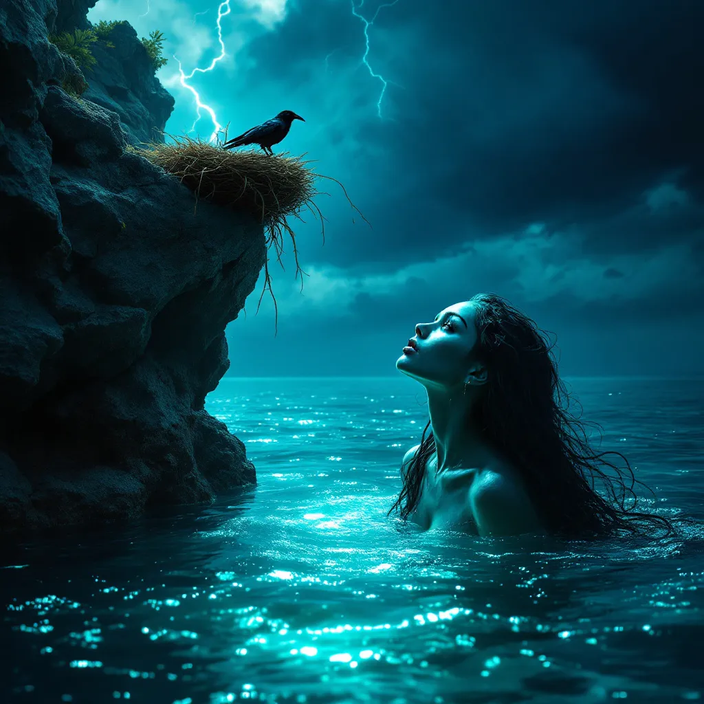 Prompt: Merfolk woman with adivasi appearance emerging from shimmering waves, gazing and reaching upwards to a nest in the rugged cliffs, a dark silhouette of a crow perched in a nest on a ledge, mythical aura, ethereal light filtering through water, soft turquoise and deep blue tones, dramatic contrast with the stormy sky, enchanted atmosphere, high detail, 4K resolution, fantasy-inspired.