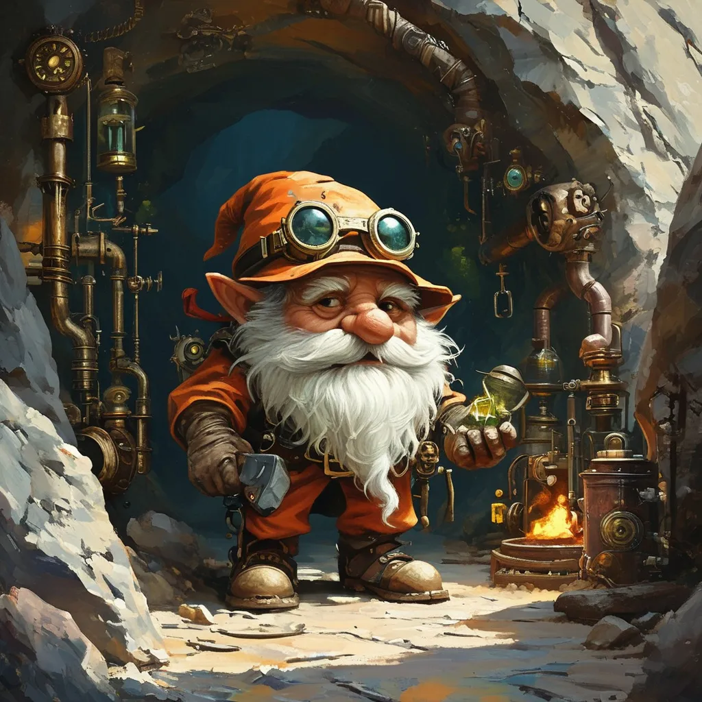 Prompt: (tinkering gnome DnD character), (oil painting in Anton Pieck style), set in a mine, with steampunk elements, intricate contraptions surrounding the character, earthy tones dominating the palette, rocky walls adorned with rugged stones, dimly lit atmosphere, realistic textures and details, a sense of adventure and fantasy, ultra-detailed, cinematic quality.