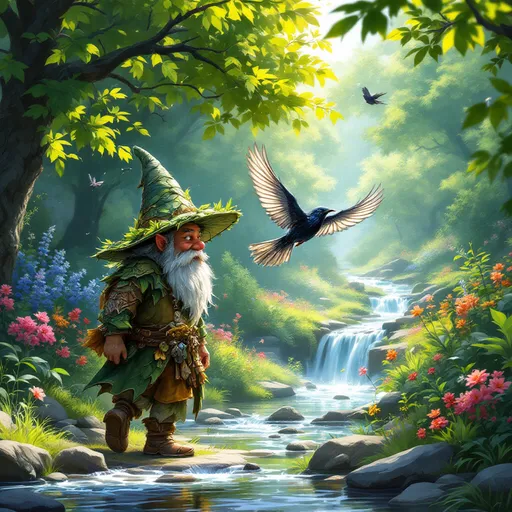 Prompt: digital art, DND adventurer gnome druid, wearing a whimsical leaf hat, walking through a lush green forest alongside a sparkling creek, a friendly magpie soaring playfully overhead, golden sunlight filtering through abundant tree canopies, creating a serene and enchanting atmosphere, cozy camp with a colorful tent further down the clearly defined pathway, ultra-detailed, high quality woodland scene, rich textures, vibrant colors, immersive fantasy world.