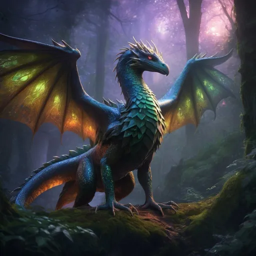 Prompt: fantasy drake race with vibrant scales, mystical forest backdrop, ethereal glowing eyes, intricate elven armor,  enchanting atmosphere, high quality, fantasy art, vibrant colors, atmospheric lighting, detailed scales, mystical, magical, elven design, forest setting