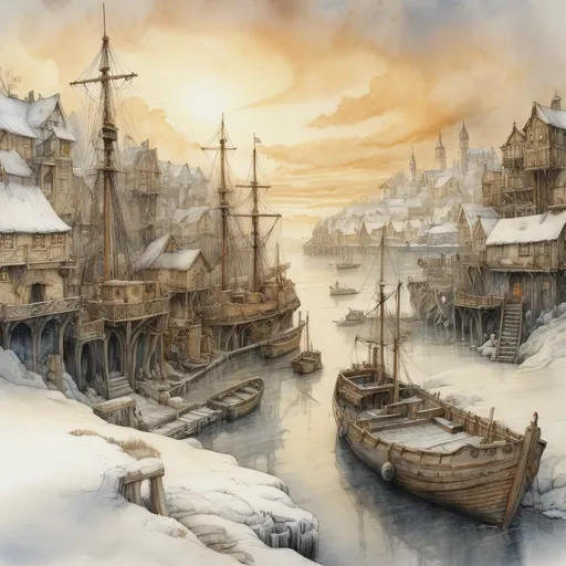 Prompt: ground view, (medieval fantasy harbor in winter), (pencil drawing), watercolor, a snowy and ice-covered shipyard, intricate Anton Pieck elements, golden clouds casting a warm glow over the scene, soft shadows, picturesque winter ambiance, high depth, ultra-detailed, enchanting scenery, evoking nostalgia and magic.