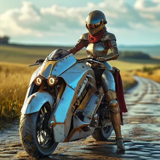 Prompt: (stunningly hot chick riding  a futuristic hoverbike), medieval fantasy style, riding on a cobble stone road, rough terrain bike, dramatic lighting, rich and vibrant color tones, pretty face, enchanting atmosphere, high detail in hoverbike design, wead fields on the side of the road, scenic landscape, ultra-detailed, 4K, cinematic quality, intense action, powerful presence, dynamic pose, mystical elements.