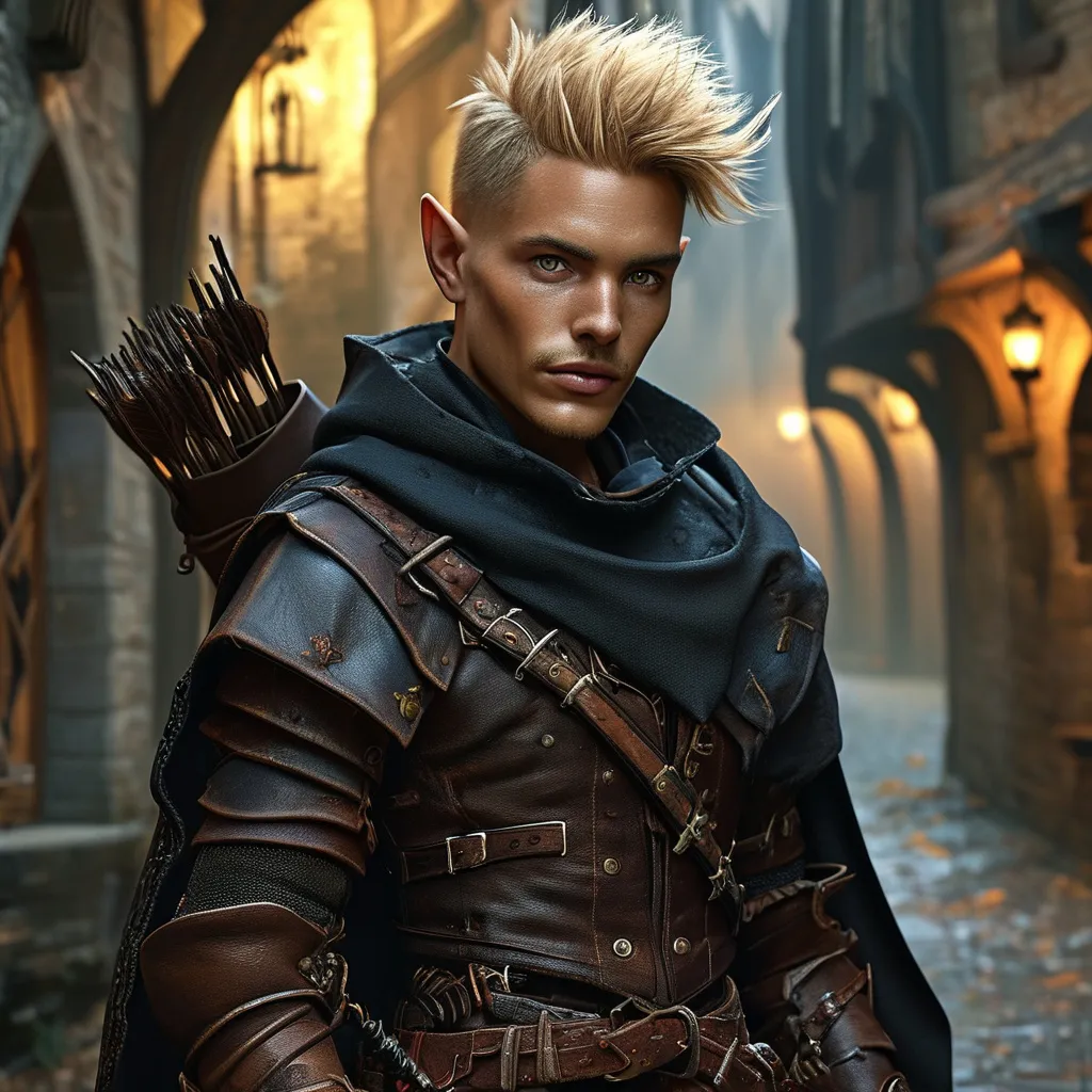 Prompt: (slender rogue male woodelf DnD character), (light bronze skin), (spiky caramel-colored hair), (grey cunning eyes), (hooded and cloaked), medieval fantasy, intricate leather armor, daggers at his side, stealthy pose among back alleys, at night, in the shadows, detailed character design, capturing his cunning expression, high quality, ultra-detailed, photo realistic, shortbow on his back