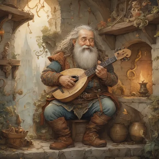 Prompt: DnD dwarf bard playing instrument, magical musical notes streaming in the air, Anton Pieck style painting, vintage warm tones, intricate details, whimsical fantasy, medieval, high quality, oil painting, good hair, charming, enchanting, intricate details, cozy lighting