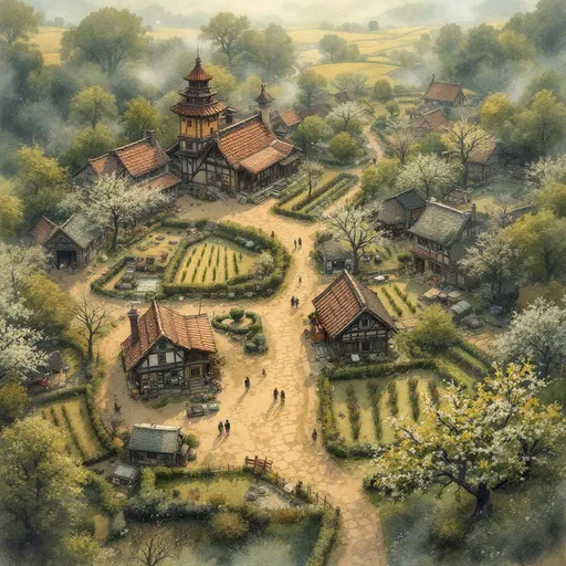 Prompt: aerial view of a japanese farm in a rural japanese style village, crob fields, orchards,  medieval fantasy setting, watercolor painting anton pieck style, soft and muted colors, warm ambient lighting, filled with dust motes, nostalgic atmosphere, charming clutter, whimsical and dreamy quality