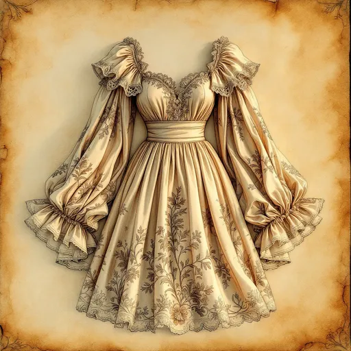 Prompt: technical drawing of a summer dress design, sleeves, tropical modest style, medieval fantasy, intricately detailed pencil, elegant flowing shapes, rustic parchment background, soft texture contrasts, warm highlights,, artistic presentation, dynamic angles, fashion illustration elements, high-quality craftsmanship, refined, inspiring, showcasing creativity and design excellence, beautiful composition.