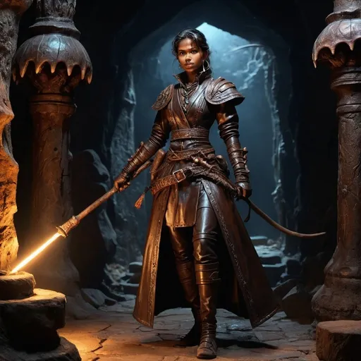 Prompt: photo realistic full body, female adivasi DnD character explorung a dungeon, sabre at the ready, glowing mage staff, oil painting, sharp lines, detailed face, perfect face, glossy leather coat, victorian style clothing, stalagmites, stalagtites, detailed, high quality, mushrooms, dark earthern tones, torchlight, elaborate explorer gear, ancient carvings, mysterious atmosphere, old world charm, 