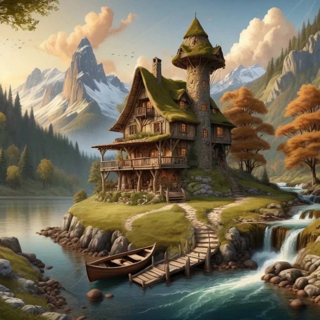 Prompt: realistic Large Anton Pieck-style wood and stone cabin on a peninsula with a large main treehouse tower, moss roof, medieval fantasy, mountain lake, mountainous region, old wooden sail boat, forest, valley, stream, cozy, waterfall, vintage painting, detailed textures, serene atmosphere, wimsicle architecture,  warm tones, soft lighting, 4k, highres, nostalgic, detailed scenery, tranquil setting, vintage charm, summer sunset, golden clouds