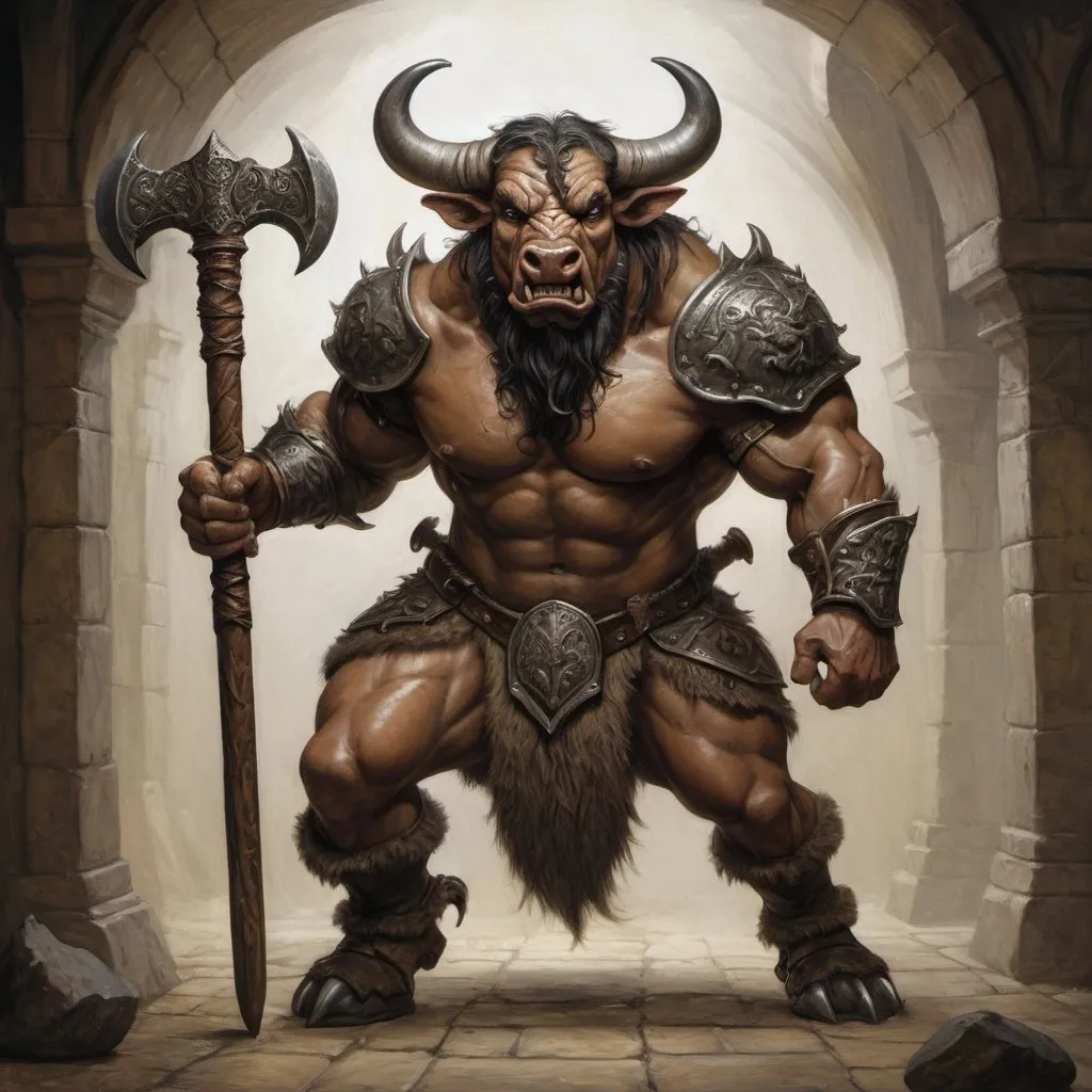 Prompt: Anton Pieck style, Hyperrealistic medieval fantasy oil painting of a strong minataur worrior DnD character, Bull nose, cow legs hooves, black fur,  charging, large two handed battle axe, in ornate detailed leather armor, ready to strike, intense shadows, dramatic lighting, detailed facial features, high quality, DnD character, dramatic lighting, professional quality