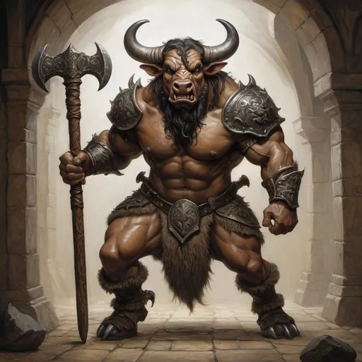 Prompt: Anton Pieck style, Hyperrealistic medieval fantasy oil painting of a strong minataur worrior DnD character, Bull nose, cow legs hooves, black fur,  charging, large two handed battle axe, in ornate detailed leather armor, ready to strike, intense shadows, dramatic lighting, detailed facial features, high quality, DnD character, dramatic lighting, professional quality