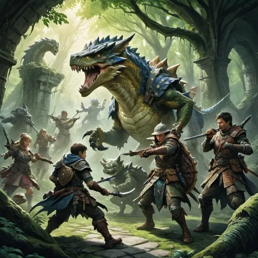 Prompt: (watercolor painting), (DnD monster hunter party), richly detailed characters in dynamic poses, intricately designed weaponry, lush mossy woodlands, ancient ruins shrouded in mystery, (monsters lurking in the shadows), vivid greens and earthy tones, magical lighting casting enchanting shadows, a whimsical yet tense atmosphere, (Justin Gerard style), ultra-detailed, immersive storytelling composition.