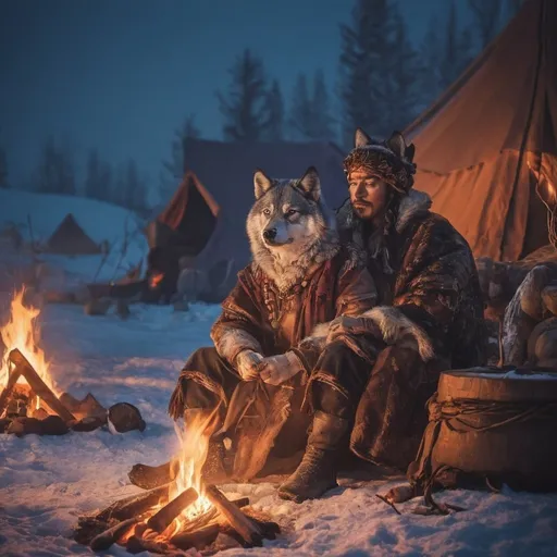Prompt: Shaman wolf character at a campfire in winter, snowy yurts, low sun, otherworldly planets in the sky, warm and homely atmosphere, high quality, detailed fur, fantasy, magical, mystical, snowy landscape, peaceful setting, cozy campfire, vibrant fur colors, serene and enchanting lighting