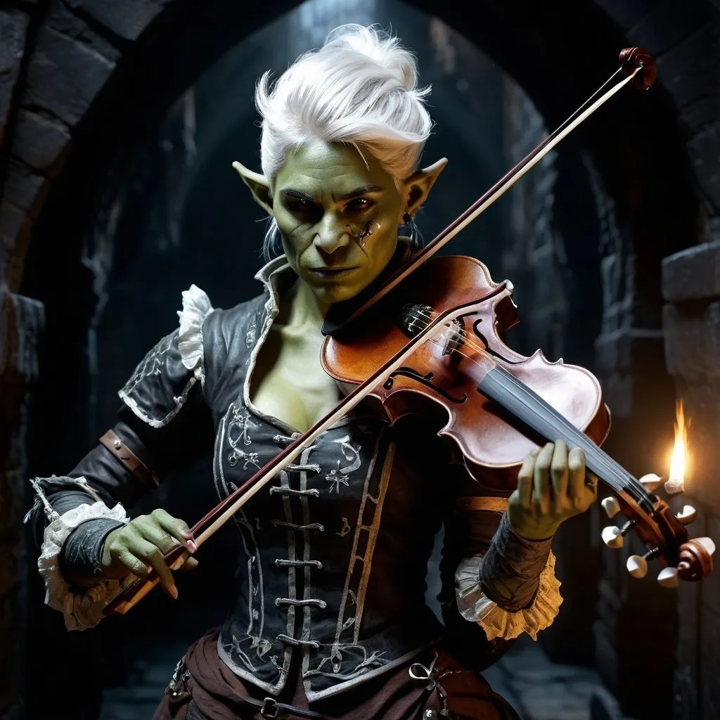 Prompt: photo realistic full body, female orc bard DnD character exploring a dungeon, short spiky white hair, charismatic, radiating sparkeling magical violin,  oil painting, sharp lines, detailed face, perfect face, victorian style bard outfit, detailed, high quality, dark tones, danger lurking in the shadows, elaborate explorer gear, ancient glowing runes, mysterious atmosphere, old world charm, 